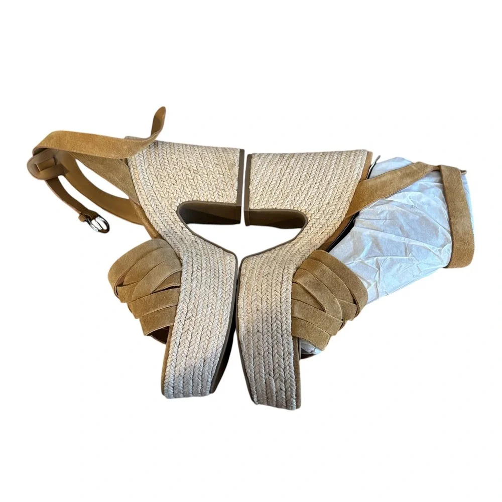 NIB Marc Fisher LTD Oaten Tan Suede Espadrille Platform Wedge Sandals 8.5M